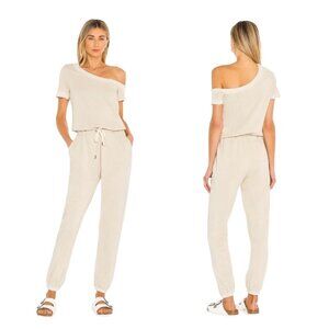 N: Philanthropy Womens Queenie Small Beige Off-Shoulder Drawstring Jumpsuit